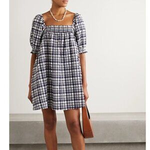Solid & Striped Puckered Square Neck Checked Seersucker Babydoll Mini Dr…